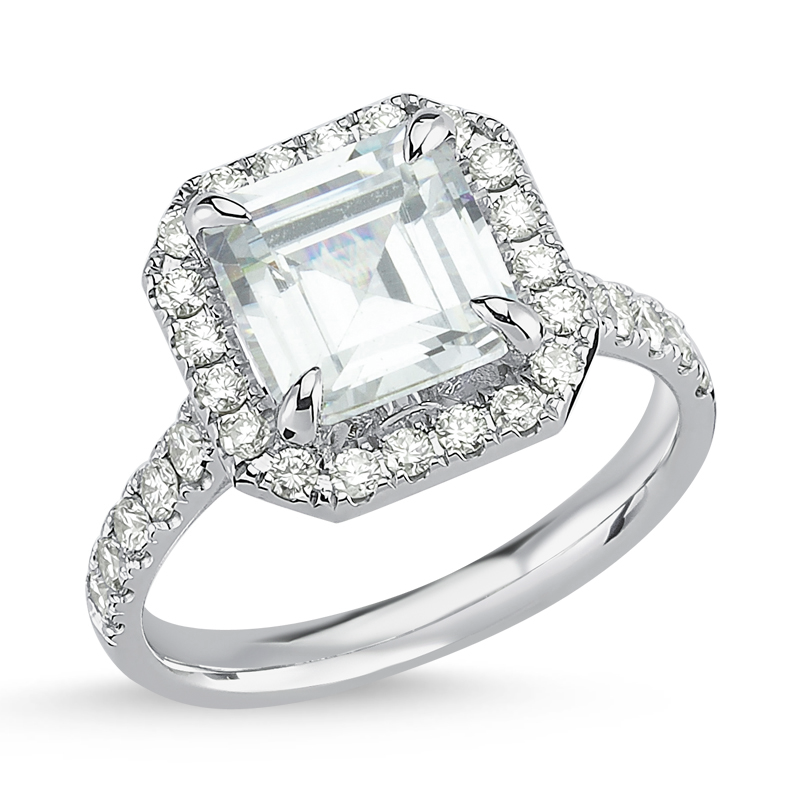 18kt white gold and Ascher cut diamond engagement ring with halo