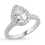 Platinum and pear shape diamond engagement ring with halo
