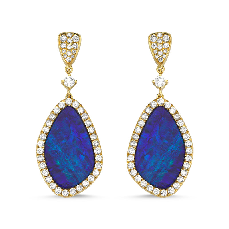 18kt yellow gold diamond and blue opal earrings