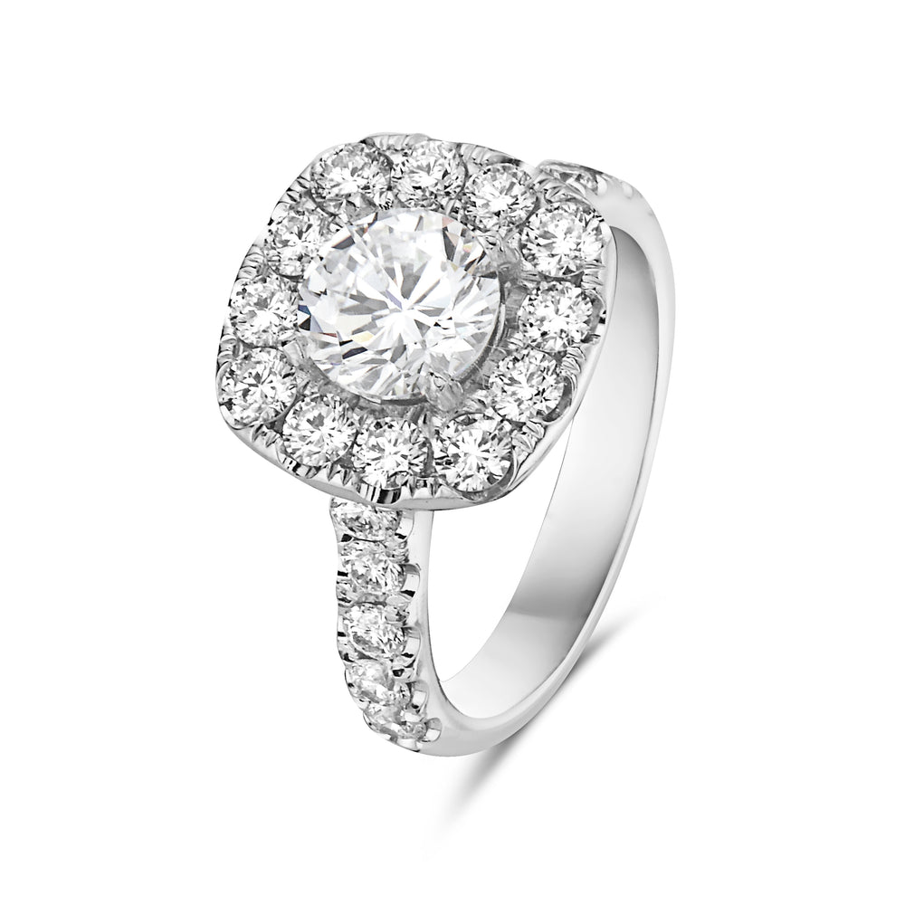 Platinum and diamond engagement ring with halo