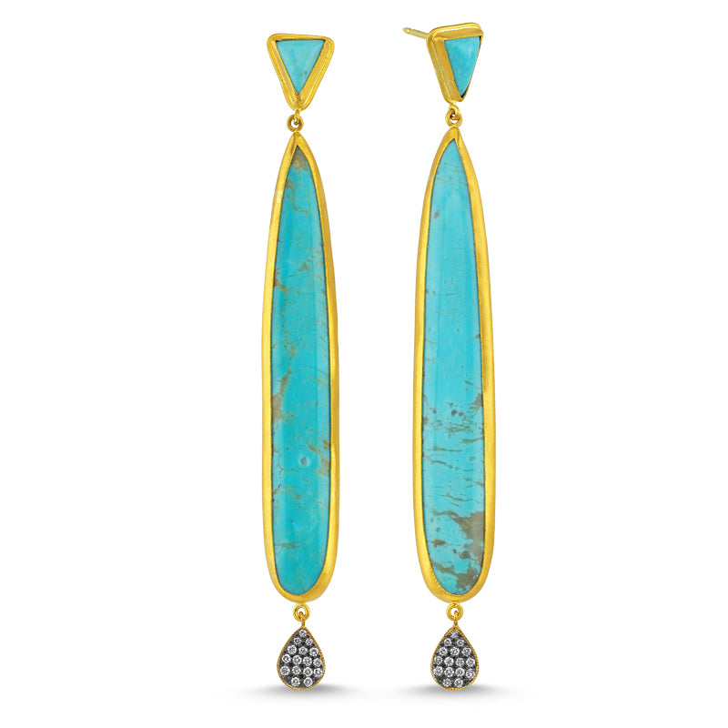 24kt high carat gold diamond and turquoise elongated earrings