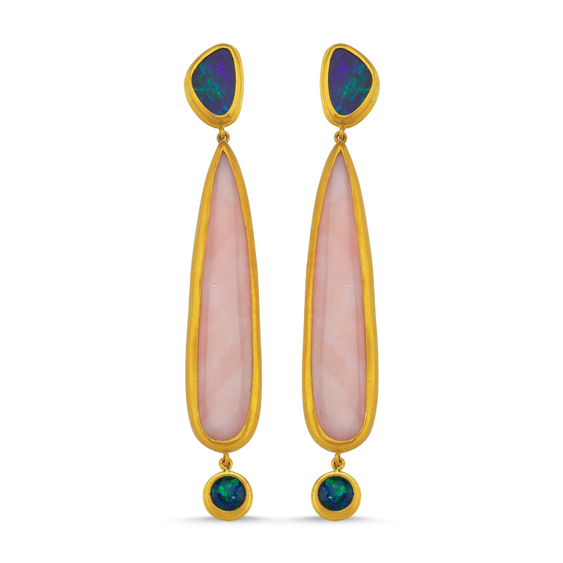 24kt high carat  gold blue and pink opal handmade earrings