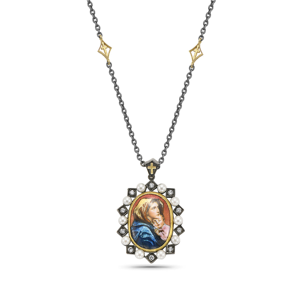 24Kt/silver pearl and diamond religious Virgin and Son pendant