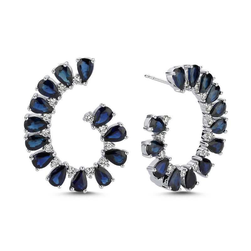 
            
                Load image into Gallery viewer, 14Kt gold, diamond and blue sapphire sideways hoop earrings
            
        