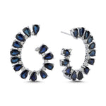 14Kt gold, diamond and blue sapphire sideways hoop earrings