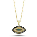 14Kt gold, diamond black and blue diamond evil eye pendant