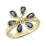 14Kt yellow gold, diamond and blue sapphire flower ring