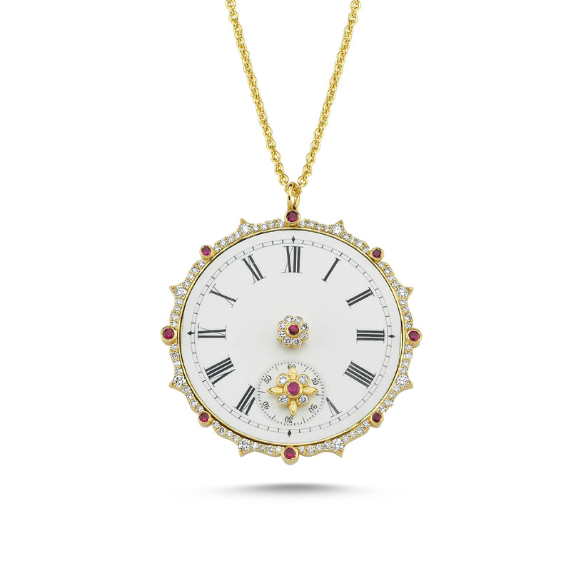 14kt yellow gold, diamond and ruby clock necklace