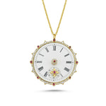 14kt yellow gold, diamond and ruby clock necklace