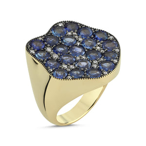 14Kt diamond and blue sapphire abstract flower ring