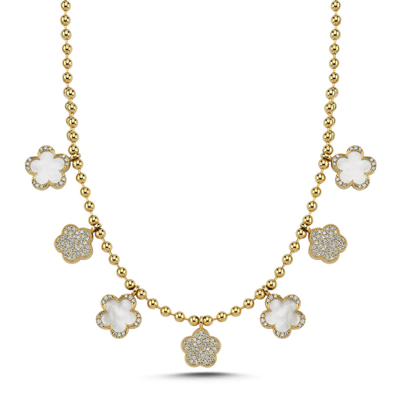 
            
                Load image into Gallery viewer, 14Kt diamond and mother of pearl flower necklace
            
        