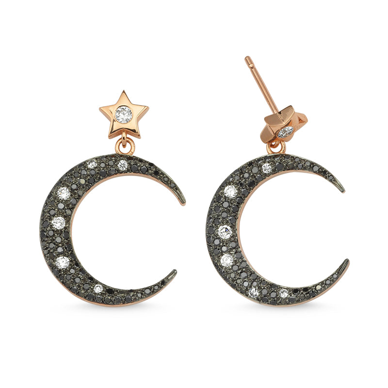 14kt pink gold, diamond and black diamond moon and star earrings