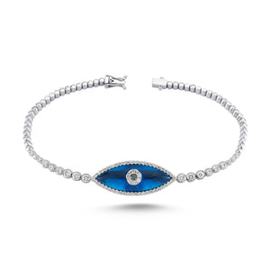 
            
                Load image into Gallery viewer, 18kt white gold and diamond, blue topaz evil eye bracelet
            
        