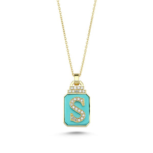 14kt yellow gold, diamond and turquoise initial pendant