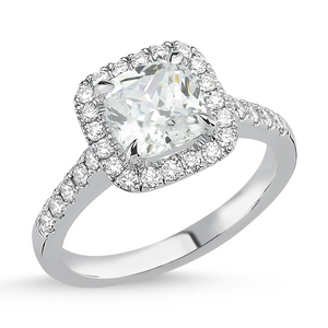 Platinum & cushion cut diamond engagement ring with halo