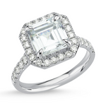 18kt white gold and Ascher cut diamond engagement ring with halo