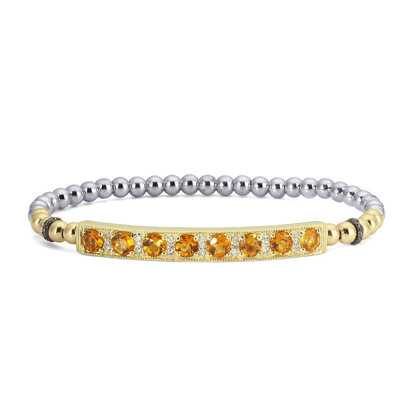 14kt gold/silver diamond and citrine beaded stretch bracelet