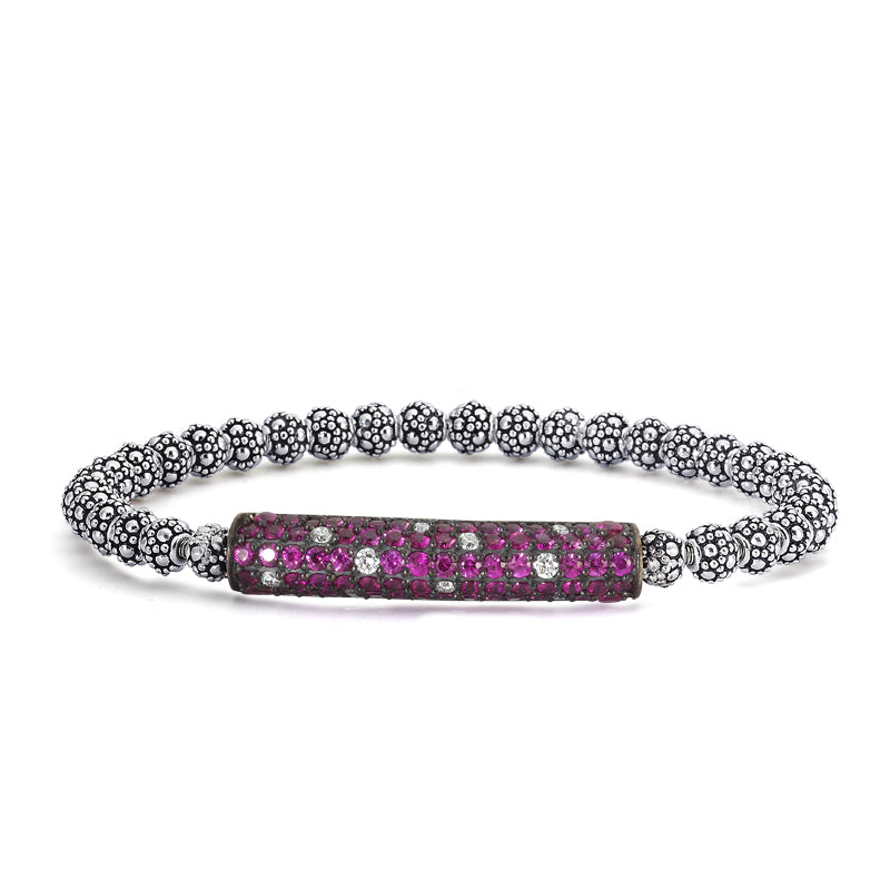 Silver, diamond and pink sapphire bead stretch bracelet