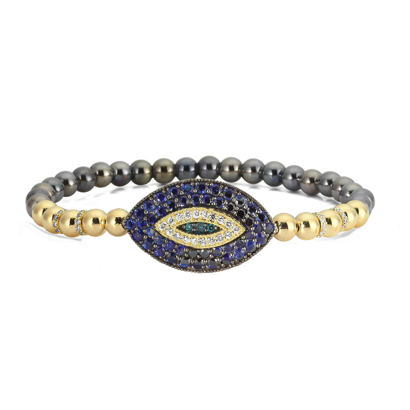 14kt yellow gold/silver, diamond, blue sapphire and turquoise beaded stretch bracelet