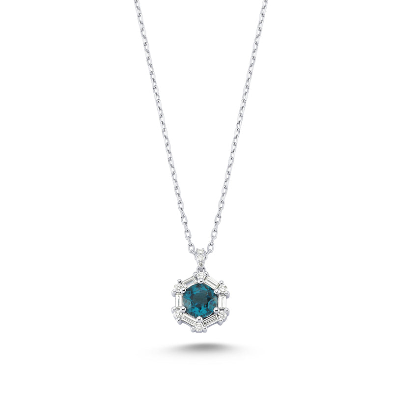 14kt white gold, diamond and London blue topaz pendant