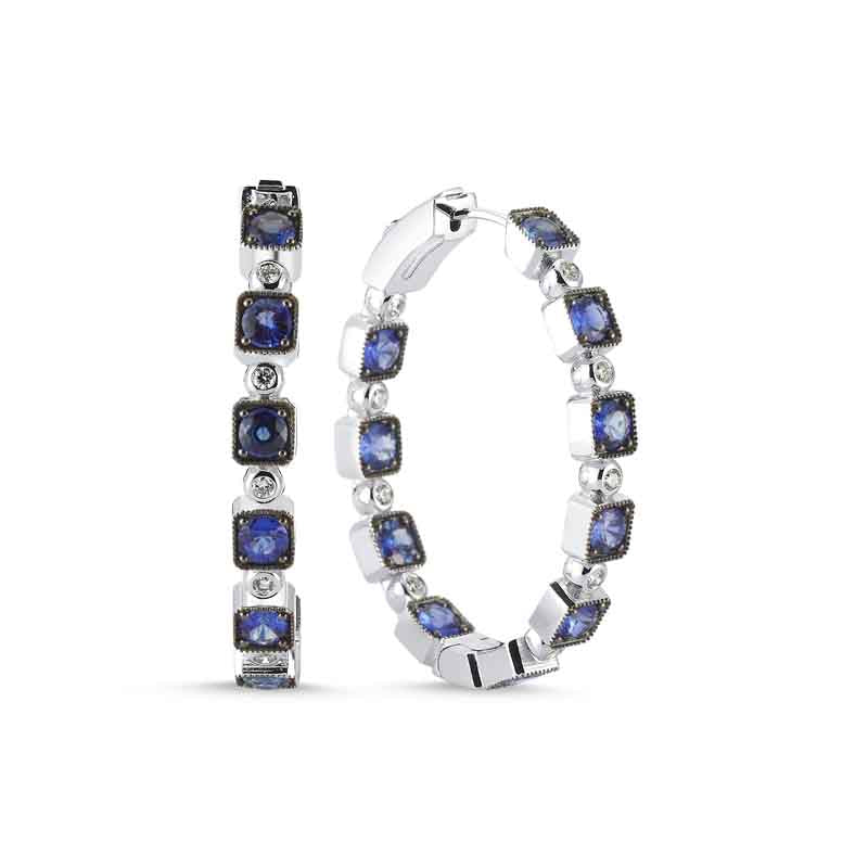 
            
                Load image into Gallery viewer, 14kt white gold, diamond and blue sapphire inside out oval hoop earrings
            
        