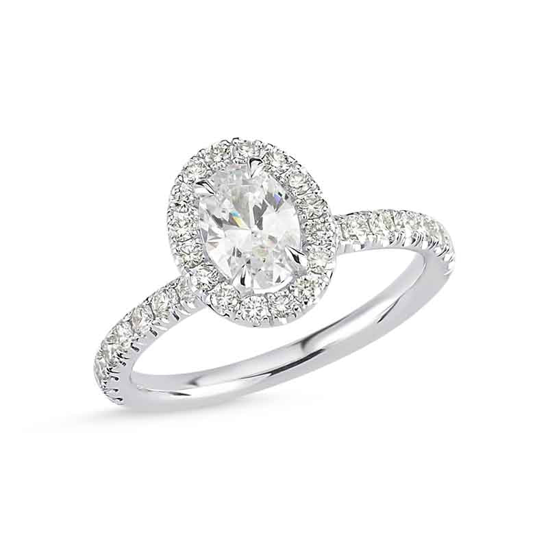 14kt white gold and oval diamond engagement ring with halo