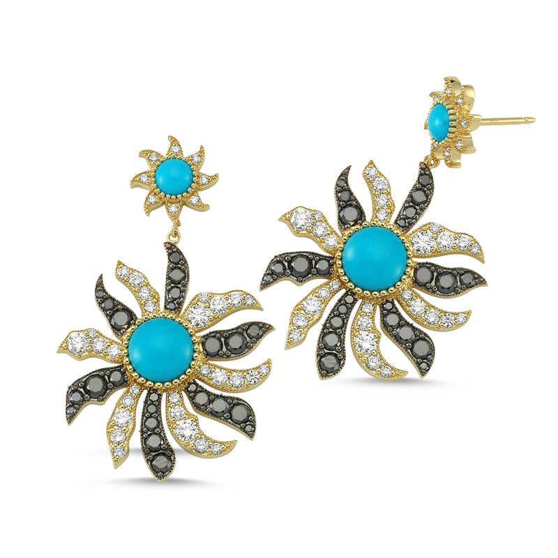 
            
                Load image into Gallery viewer, 14Kt gold diamond, black diamond and turquoise flower earrings
            
        