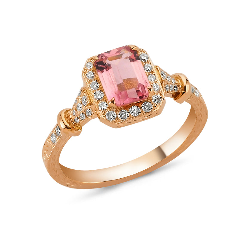 18kt pink gold, pink tourmaline and diamond engagement ring with halo