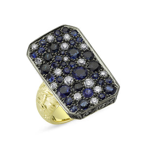 14kt yellow gold and silver diamond and blue sapphire ring with engraved shank