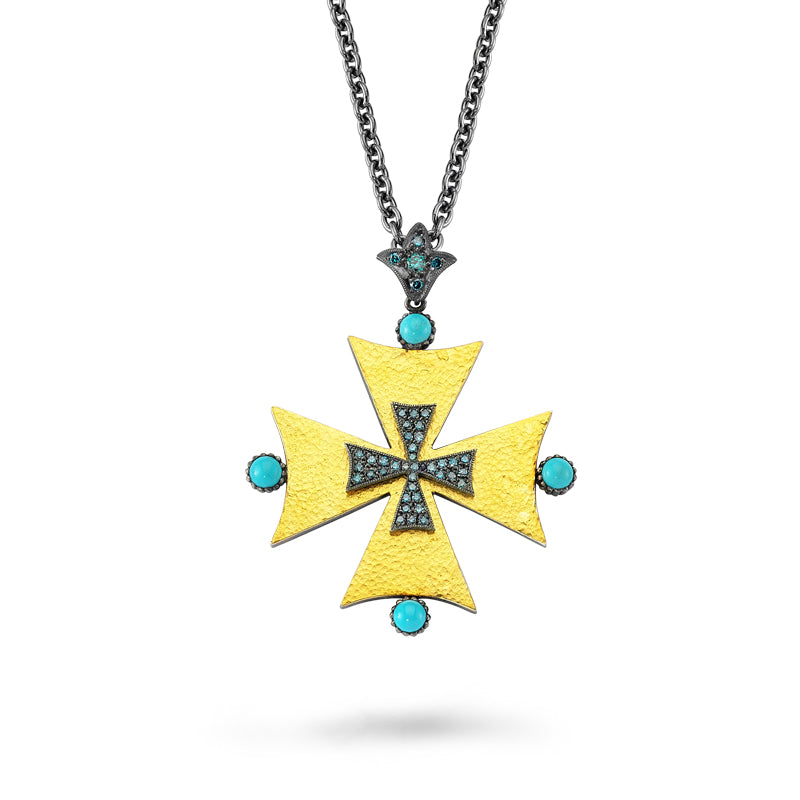 24kt high carat gold and silver, blue diamond and turquoise cross pendant