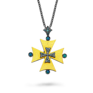 24kt high carat gold and silver, diamond, blue diamond and opal cross pendant