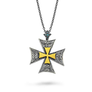 24kt high carat gold and silver, diamond and blue diamond cross pendant