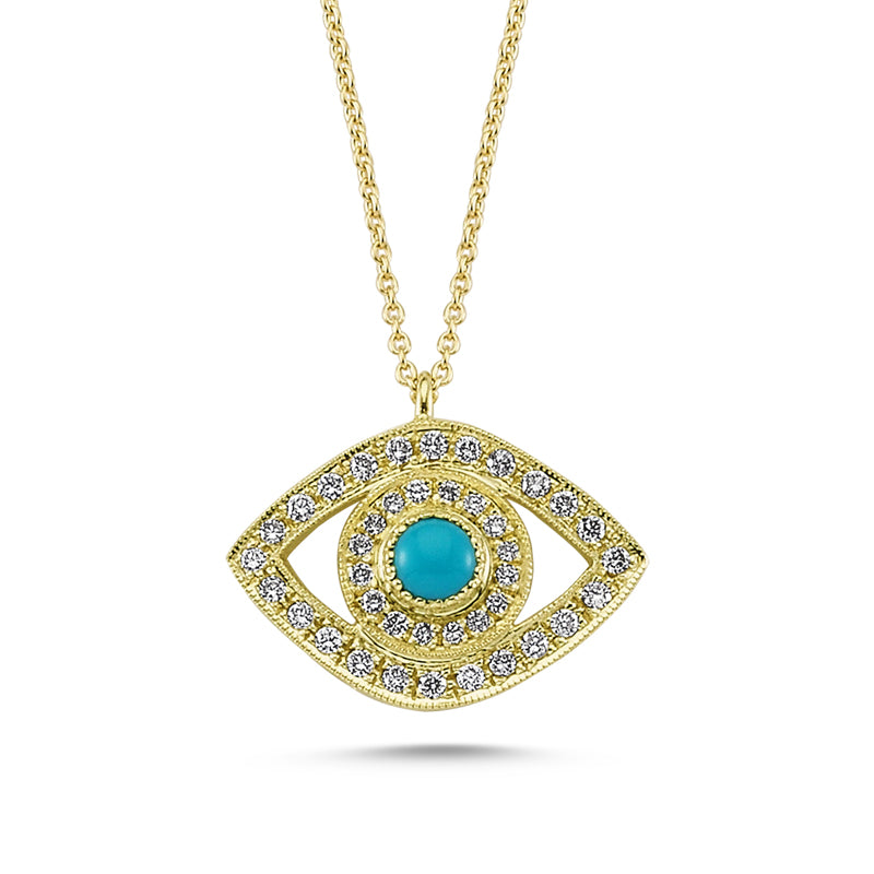 14kt yellow gold diamond and turquoise evil eye pendant
