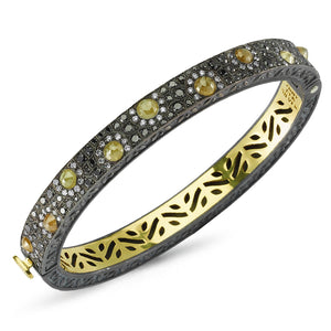 14kt yellow gold/silver diamond, black diamond and natural diamond, oval bangle bracelet
