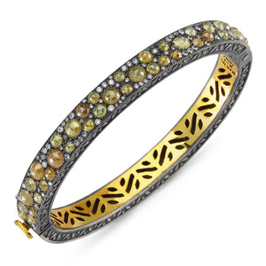 14kt yellow gold and silver, diamond and natural diamond bangle bracelet