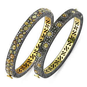 14kt yellow gold and silver, diamond and natural diamond bangle bracelet