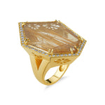 18kt yellow gold diamond and rutilated quartz ring