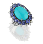 14kt white gold, diamond, blue sapphire and turquoise ring