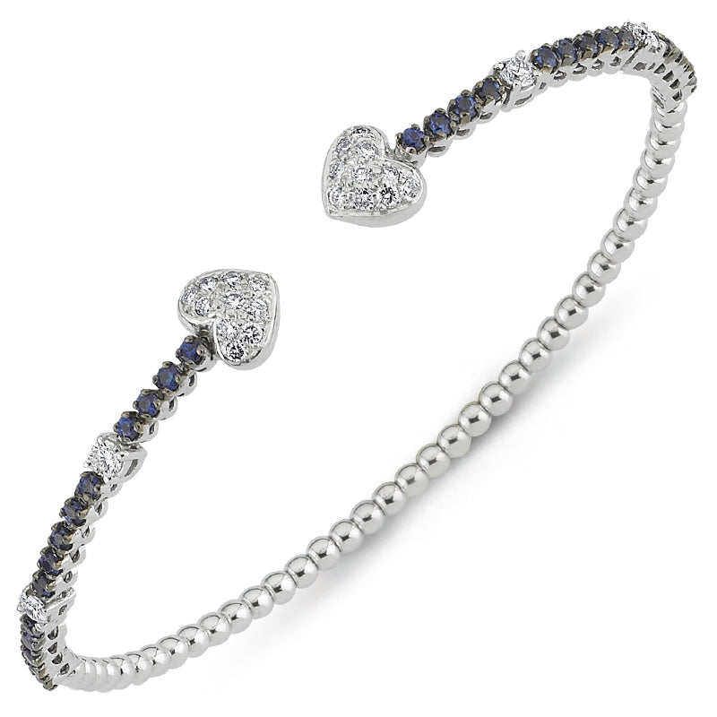 
            
                Load image into Gallery viewer, 14kt white gold, diamond and blue sapphire open top heart cuff bangle
            
        