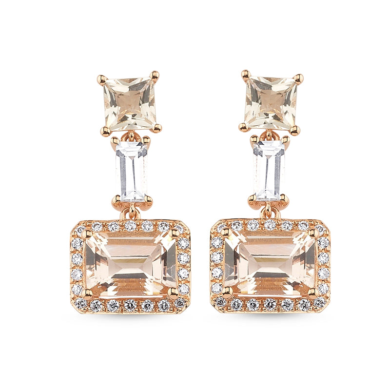 
            
                Load image into Gallery viewer, 14kt pink gold, diamond, white sapphire and morganite earrings
            
        