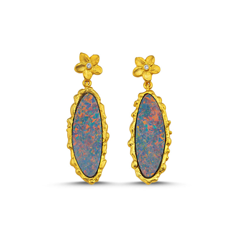 14kt yellow gold, diamond and opal flower post earrings