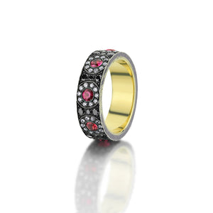 14kt yellow gold/silver, diamond, black diamond and spinel ring