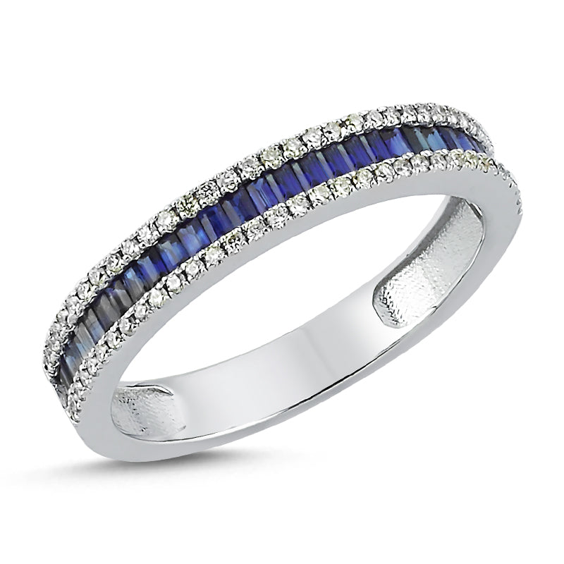 14Kt gold, diamond and baguette blue sapphire half way band