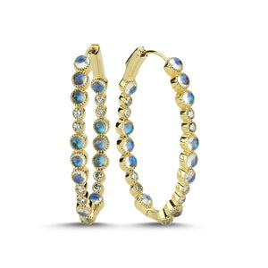 14Kt gold, diamond and blue moonstone inside out oval hoops