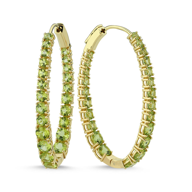 
            
                Load image into Gallery viewer, 14Kt gold and peridot inside out oval hoop earrings
            
        