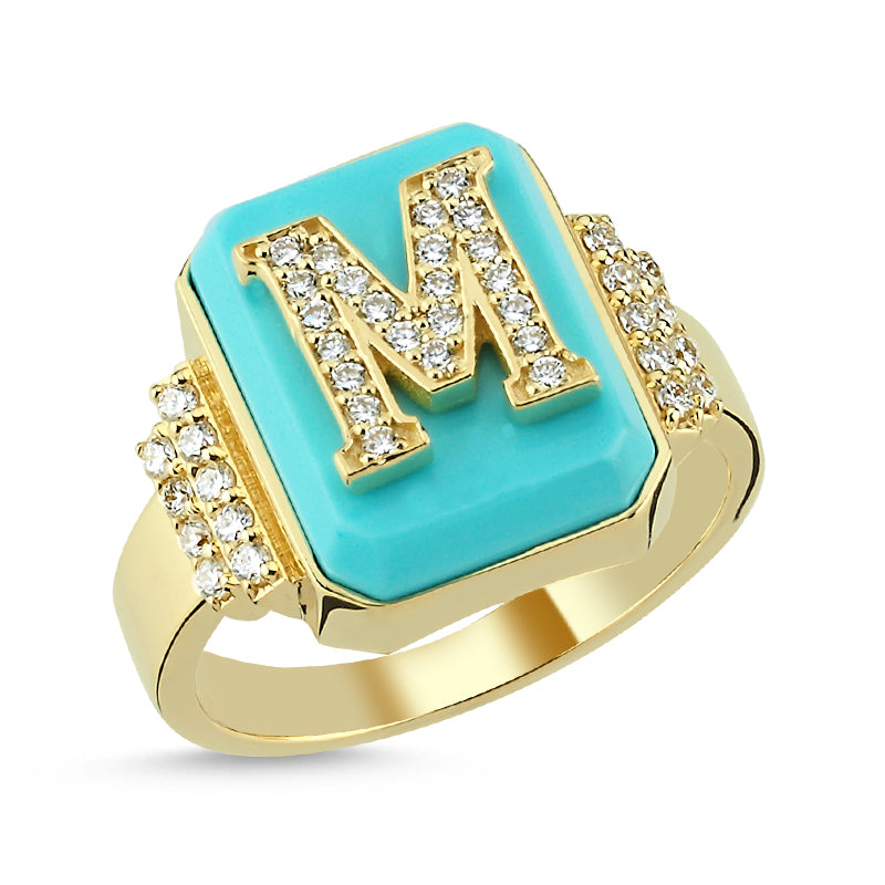 
            
                Load image into Gallery viewer, 14Kt diamond and turquoise initial ring
            
        
