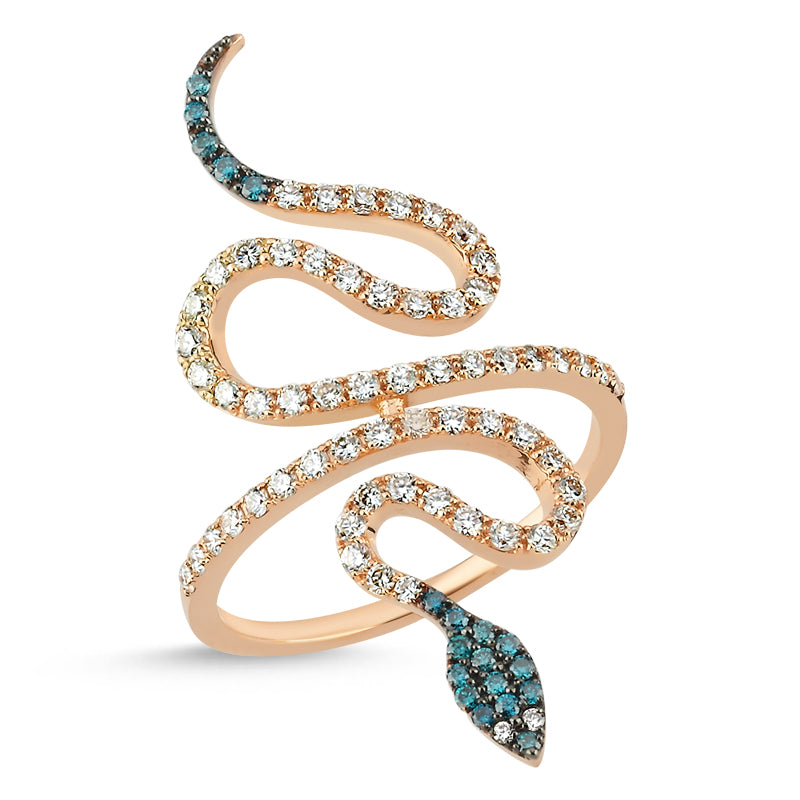 18Kt gold, diamond and blue diamond snake ring