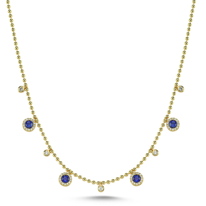 14Kt gold, diamond and blue sapphire necklace