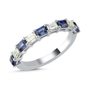 18Kt gold, emerald cut diamond and blue sapphire wedding band