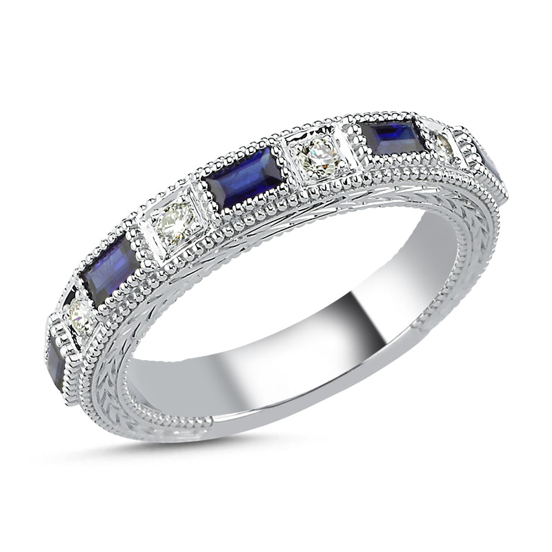 14Kt gold, diamond and blue sapphire wedding band